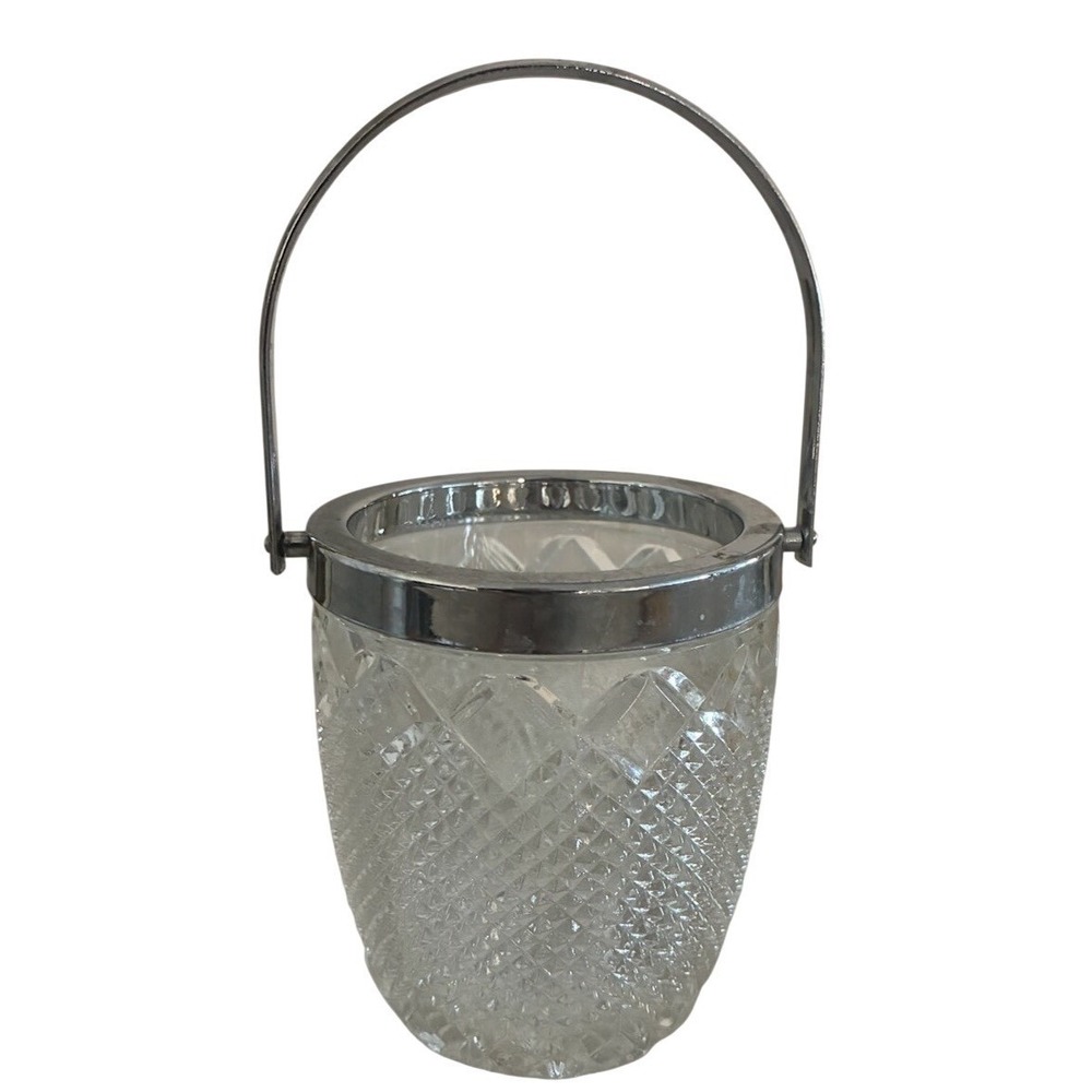 Vintage FB Rogers Mini‎ Ice Bucket Diamond Point Lead Crystal Silver Trim 4"
